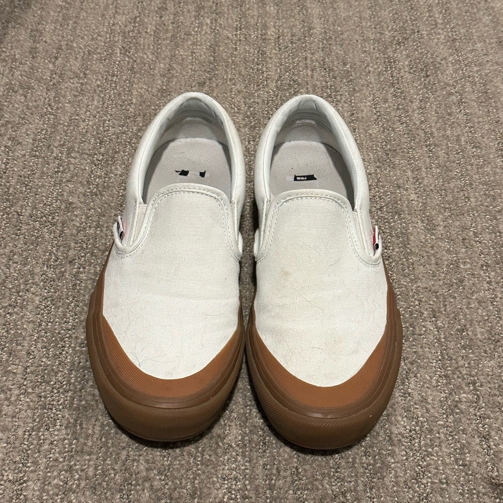 Vans Pro Slip-On Gum Sole with White Canvas Upper - Size 7.5